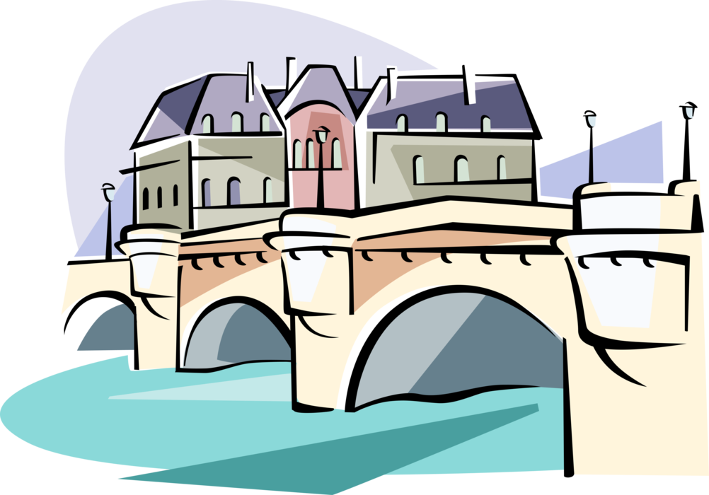 Vector Illustration of Pont Neuf Bridge Over the Seine, Paris, France