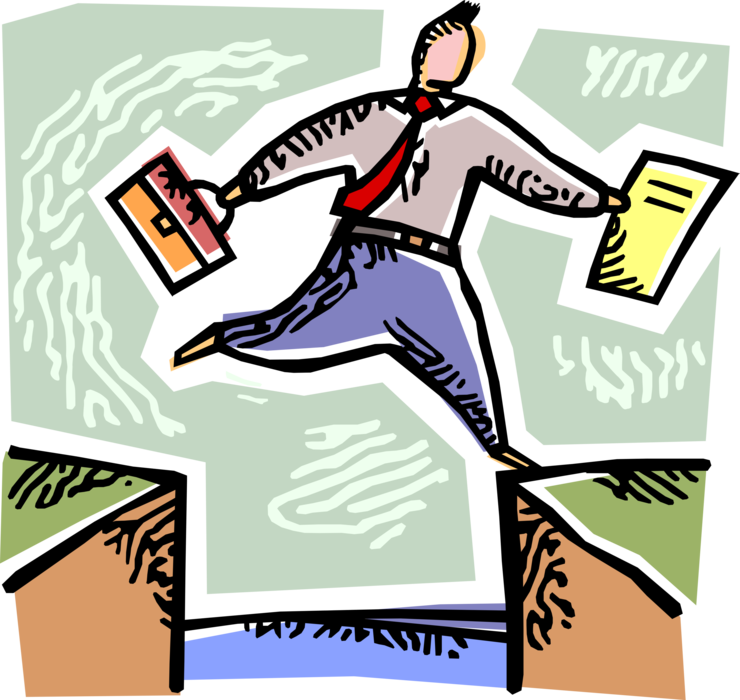 Vector Illustration of Experienced Businessman Avoids Pitfall Danger Successfully Jumping Cliffs