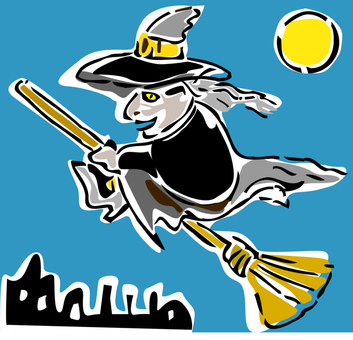 Vector Illustration of Halloween Sorceress Witch Rides Broomstick with Yellow Full Moon