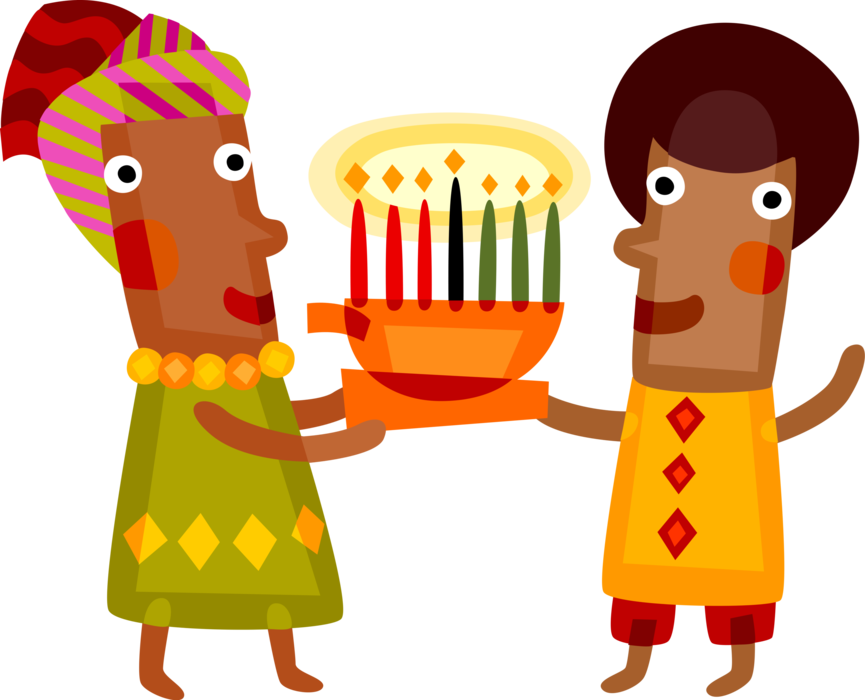 Vector Illustration of African Americans Celebrate First Fruits Festival with Traditional African Kinara Candle Holder of Kwanzaa