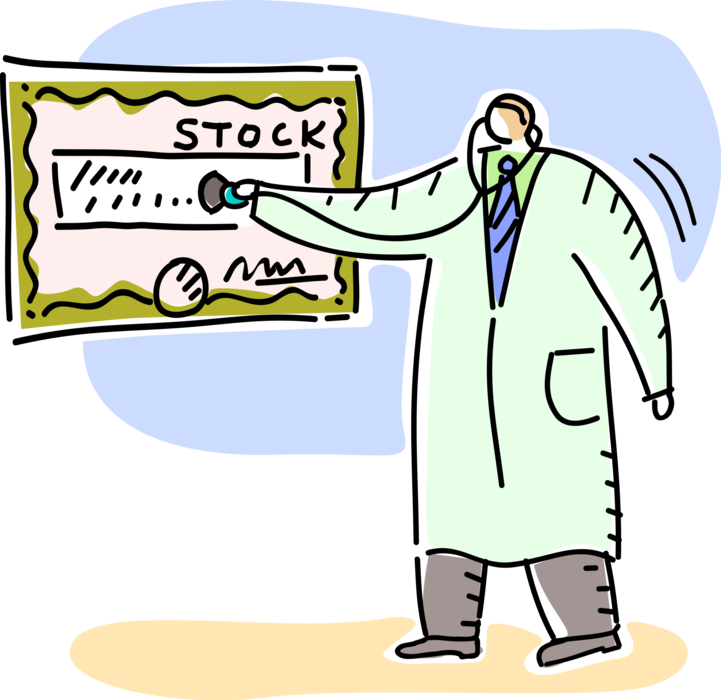 Vector Illustration of Wall Street Financial Market Analyst Checks Stock Market Investment Value with Stethoscope