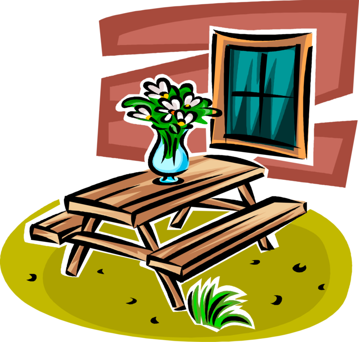 Vector Illustration of Flowers in Vase on Picnic Table for Eating Meals Outdoors