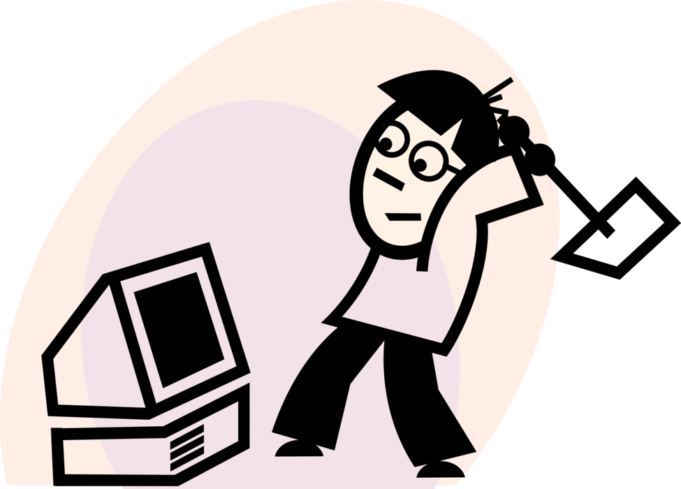 Vector Illustration of Frustrated with Computer Technology Smashing Computer with Sledgehammer Hammer