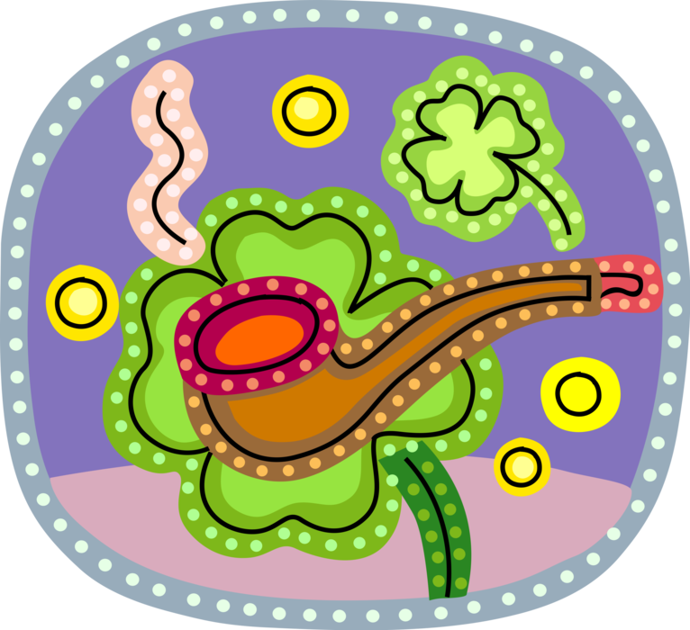 Vector Illustration of St Patrick's Day Lucky Shamrocks with Leprechaun Smoking Pipe and Gold Coins