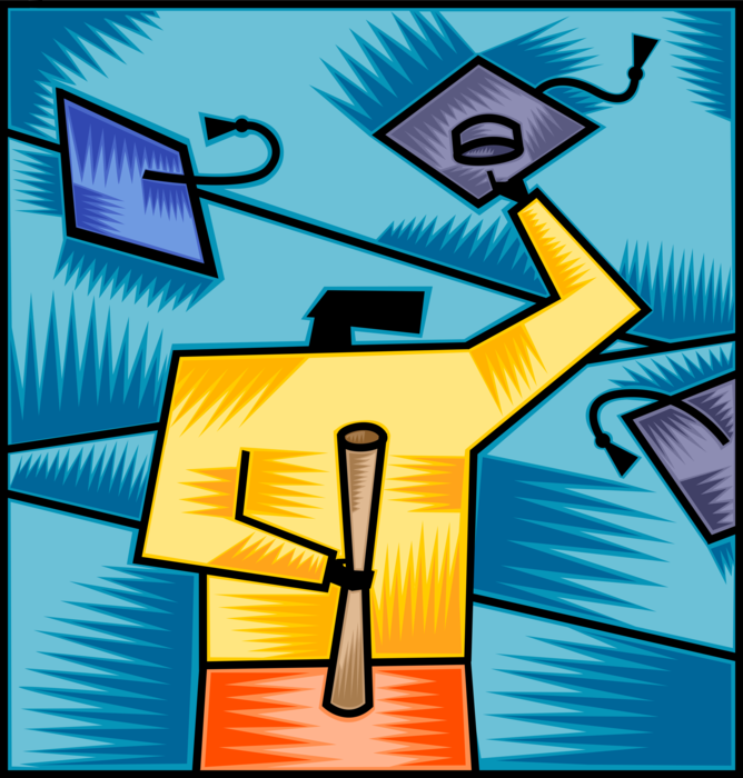 Vector Illustration of High School, College, University Graduate with Graduation Diploma Certificate and Mortarboard Cap