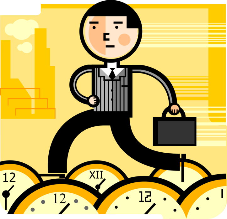 Vector Illustration of Businessman Keeps Tight Schedule of Appointments and Meetings with Time Clocks