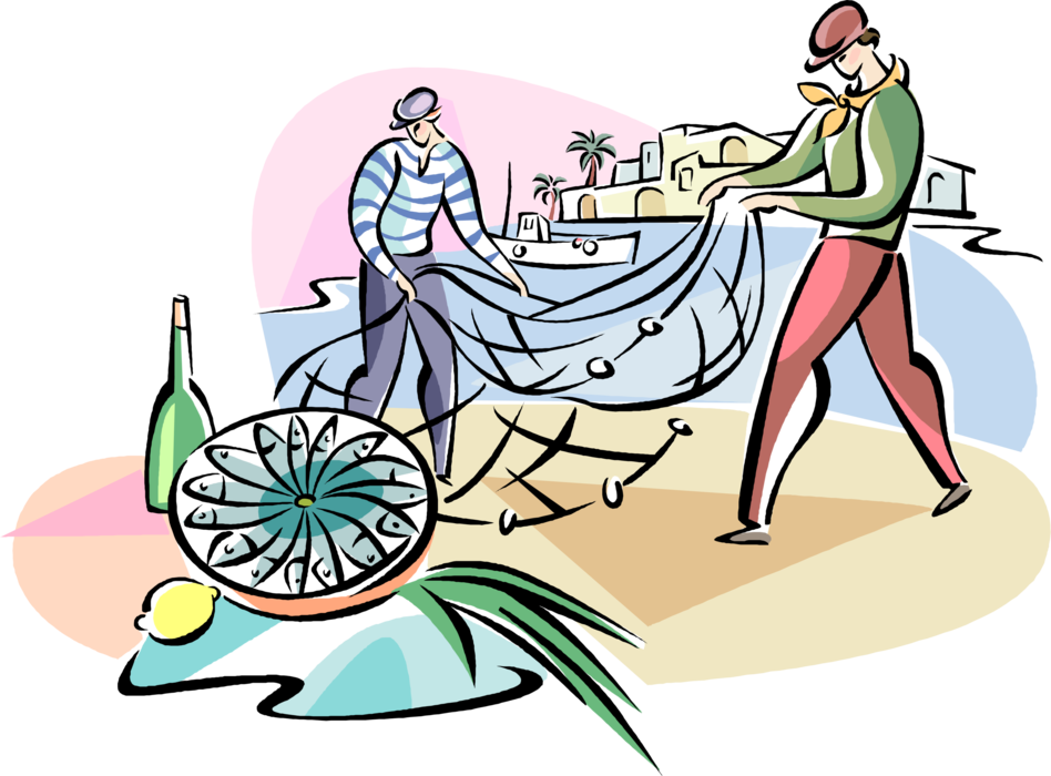 Vector Illustration of Spanish Fishermen with Fish Catch and Fishing Net