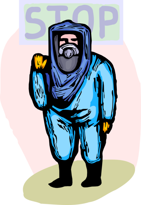 Vector Illustration of Homeland Security Personnel in Toxic Chemical Hazmat Suit with Stop Sign