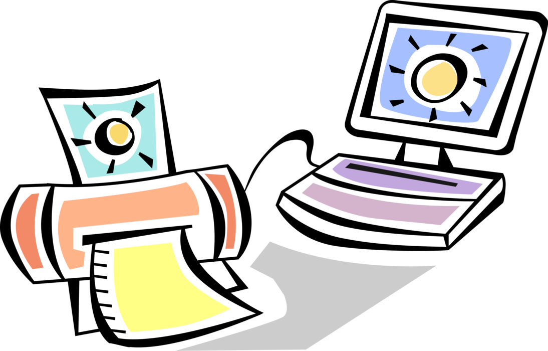 Vector Illustration of Personal Computer System Prints Document on Printer