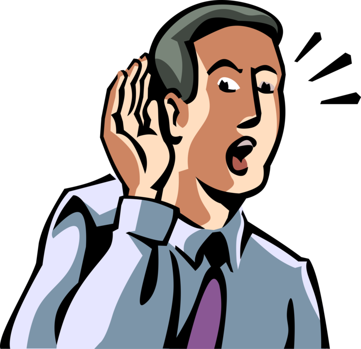 Vector Illustration of Businessman Listens Intently with Hand to Ear