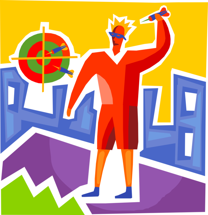 Vector Illustration of Man Plays Darts and Throws Dart at Dartboard