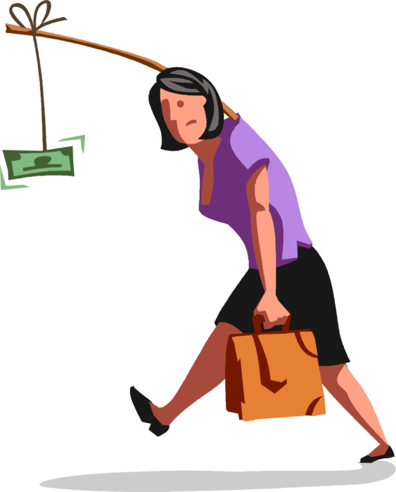Vector Illustration of Businesswoman Being Lead by Cash Dollar Money Incentive Dangling from Stick