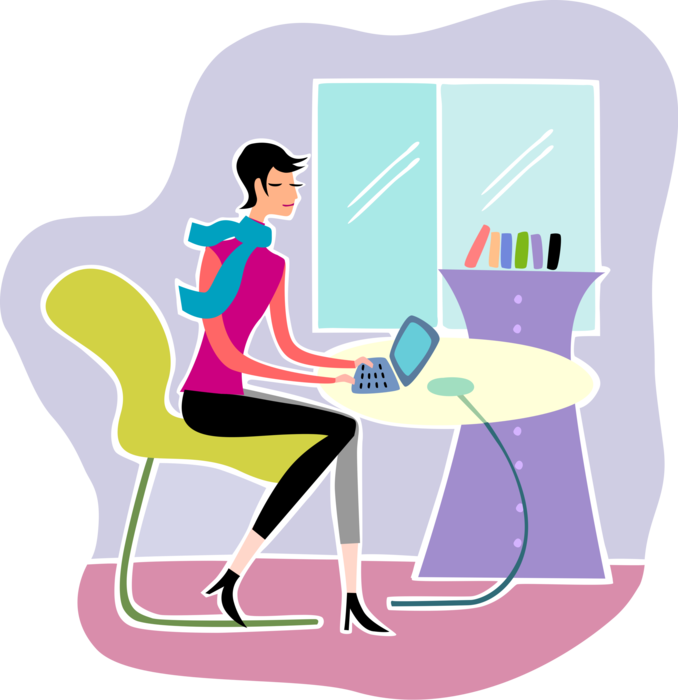 Vector Illustration of Businesswoman Works on Notebook Computer at Office Desk