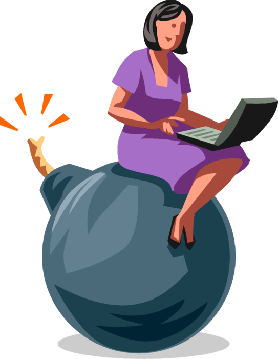 Vector Illustration of Businesswoman Under Extreme Pressure Sits on Explosive Bomb with Lit Fuse