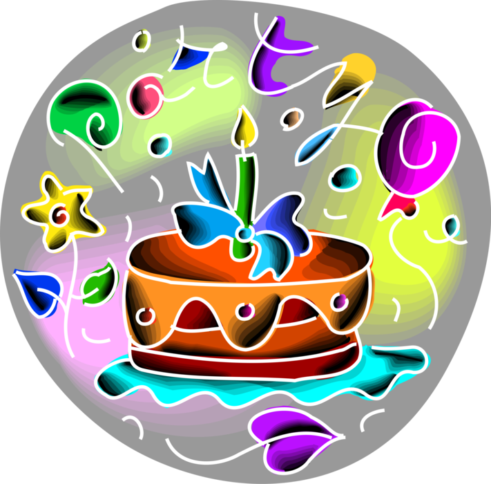 Vector Illustration of Baked Sweet Dessert Birthday Cake with Candle