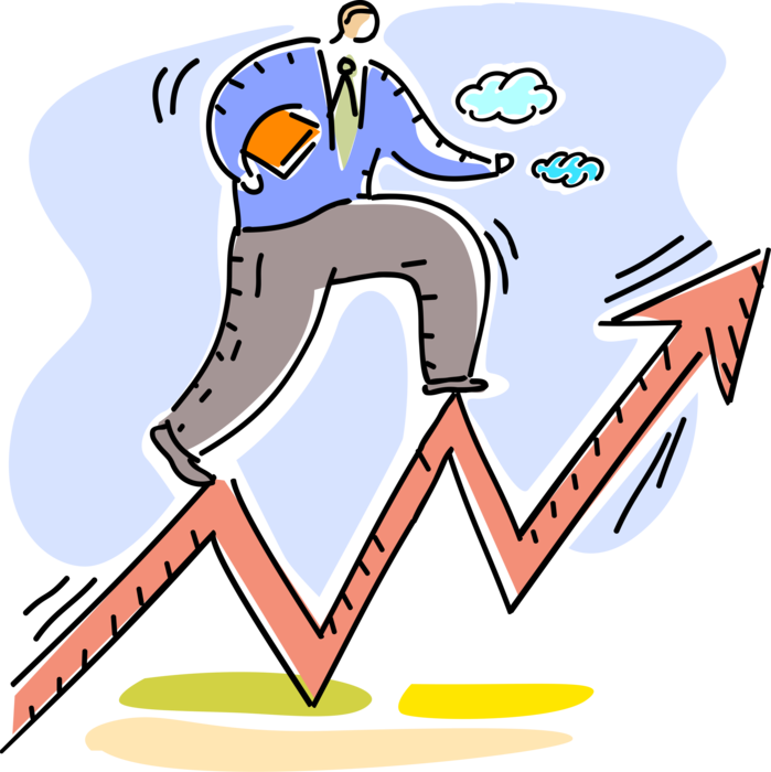 Vector Illustration of Businessman Climbs Corporate Sales Revenue Growth Arrow Indicating Market Success
