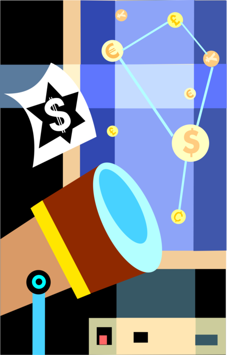 Vector Illustration of Telescope Forecasts Financial Currency Markets with Constellation Cash Money Dollars, Euros, Yen