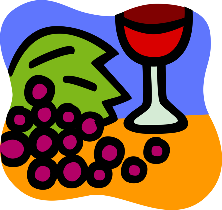 Vector Illustration of Glass of Red Wine with Wine Grapes and Leaf