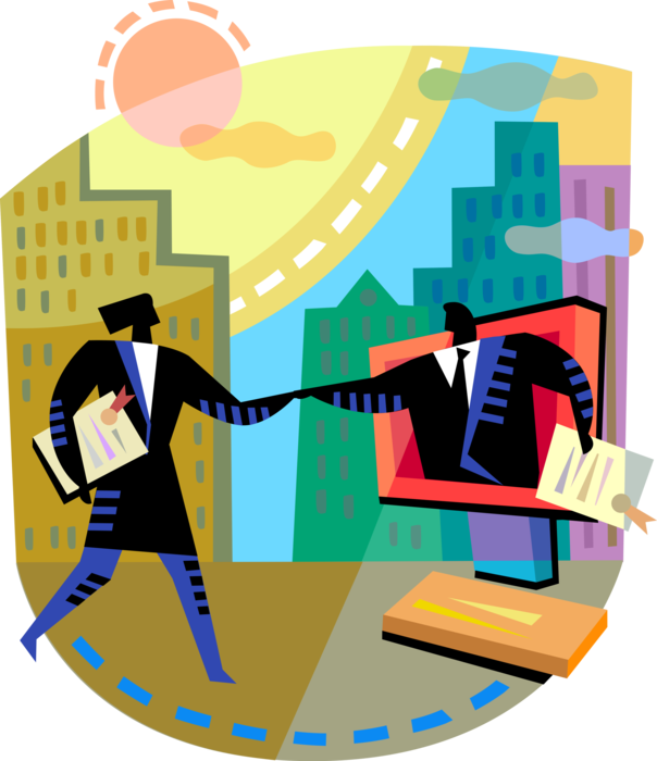 Vector Illustration of Business Associates in Handshake of Agreement Shaking Hands via Online Internet Computer Connection