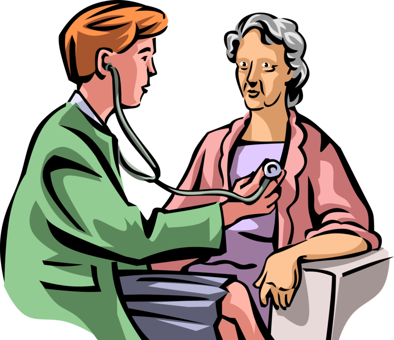 Vector Illustration of Health Care Professional Doctor Physician Examines Elderly Senior Citizen Patient with Stethoscope