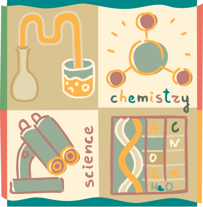 Vector Illustration of Science Experimentation and Discovery with Science Microscope, Chemistry Molecules, Beakers Flasks