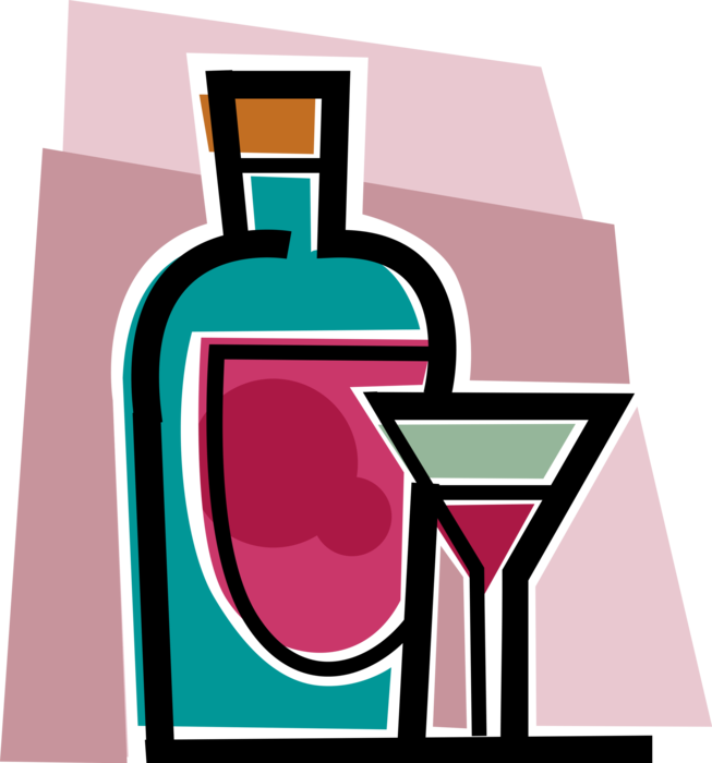 Vector Illustration of Alcohol Beverage Bottle of Wine and Wine Glass