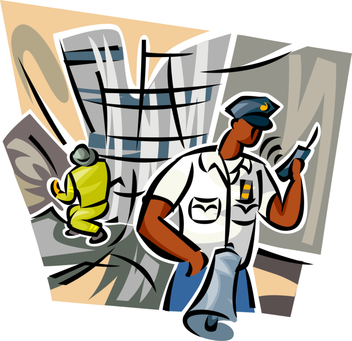 Vector Illustration of Emergency Rescue and Relief Services Officer with Megaphone Bullhorn and Walkie-Talkie
