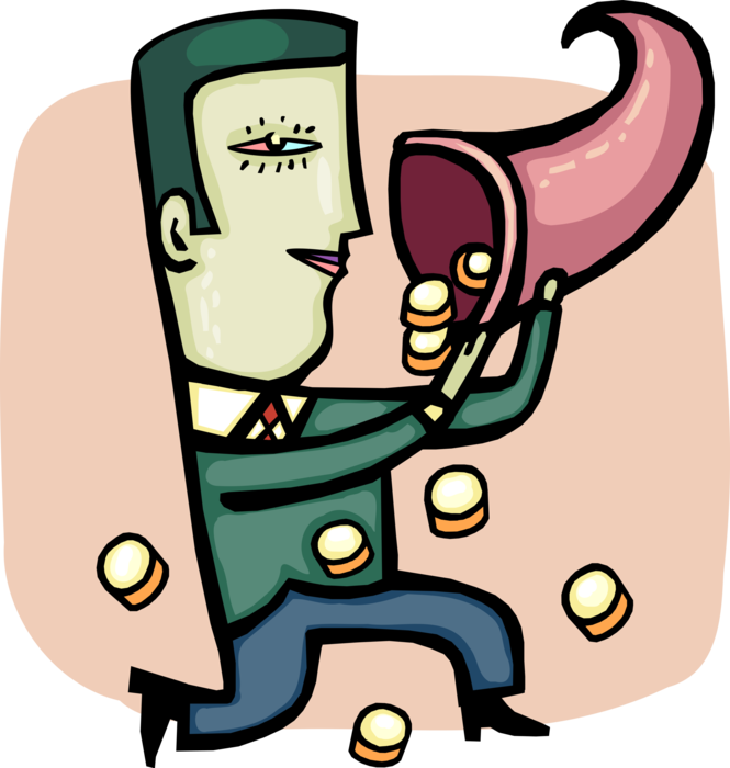 Vector Illustration of Businessman Reaps Financial Gain and Profits with Cornucopia Horn of Plenty Cash Money Coins