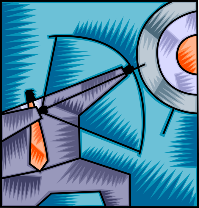 Vector Illustration of Businessman Archer Shoots Bow and Arrow at Target Bullseye or Bull's-Eye