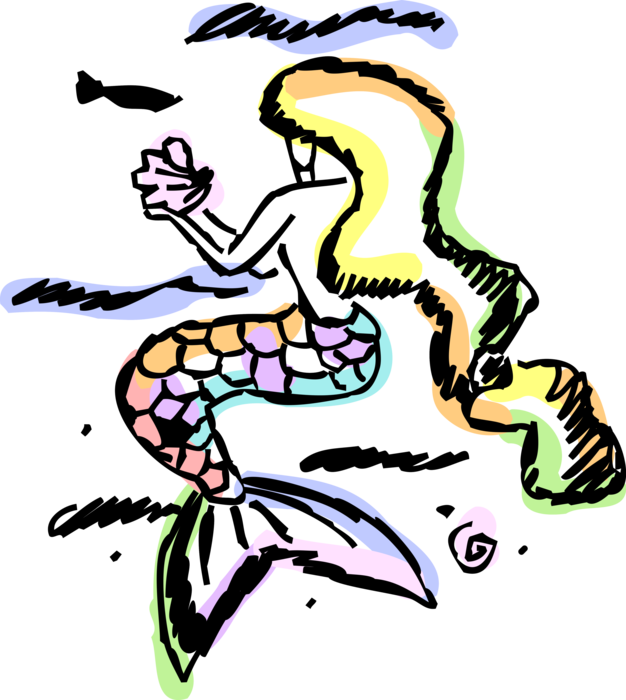 Vector Illustration of Legendary Folklore Aquatic Sea Creature Half Human with Fish Tail Mermaid with Seashell