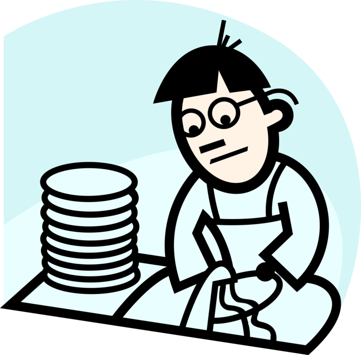 Vector Illustration of Restaurant Dish Washer Washes Dishes in Sink
