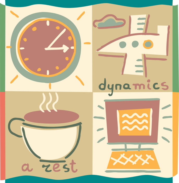 Vector Illustration of Practical, Workaday World of General Human Experience with Coffee Cup, Time Clock, Computer, Jet Travel