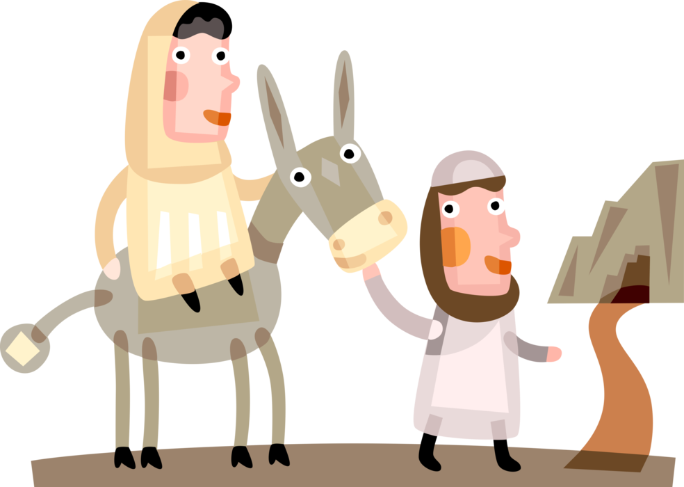 Vector Illustration of Virgin Mary and Joseph Ride Donkey to Bethlehem for Birth of Christ Child Baby Jesus on Christmas