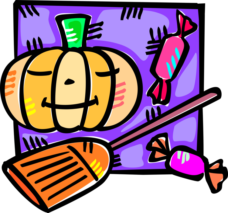 Vector Illustration of Halloween Jack-o'-Lantern Carved Pumpkin and Witch's Broomstick with Trick or Treat Candy