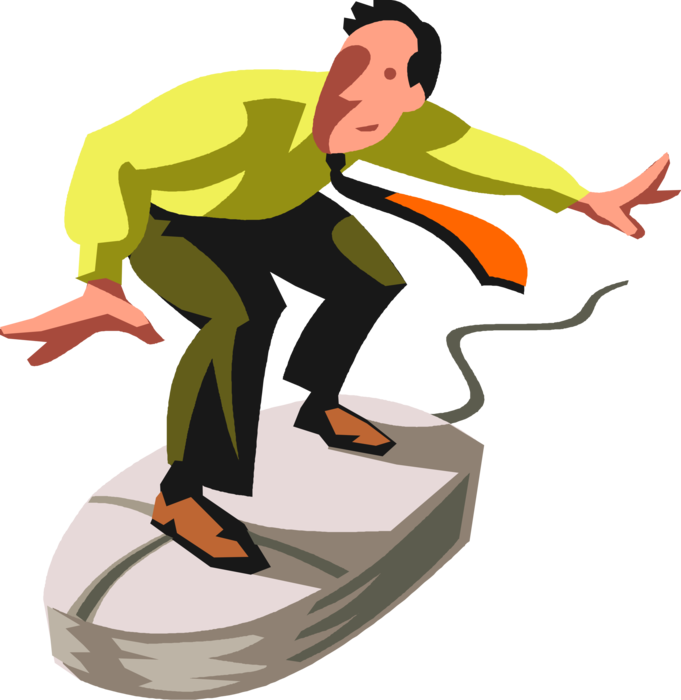 Vector Illustration of Businessman Surfer Surfing on Computer Pointing Device Mouse Surfs Online Internet