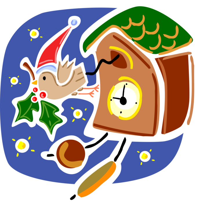 Vector Illustration of Cuckoo Pendulum Clock Strikes Hours with Cuckoo Bird Call and Christmas Traditional Holly