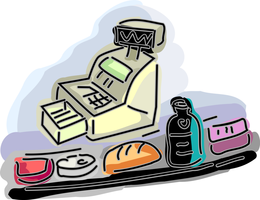 Vector Illustration of Supermarket Grocery Store Food Groceries and Checkout Cash Register