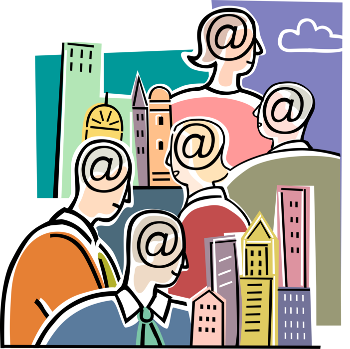 Vector Illustration of Business Colleagues Driven by Internet Electronic Mail Email Correspondence @ Symbol