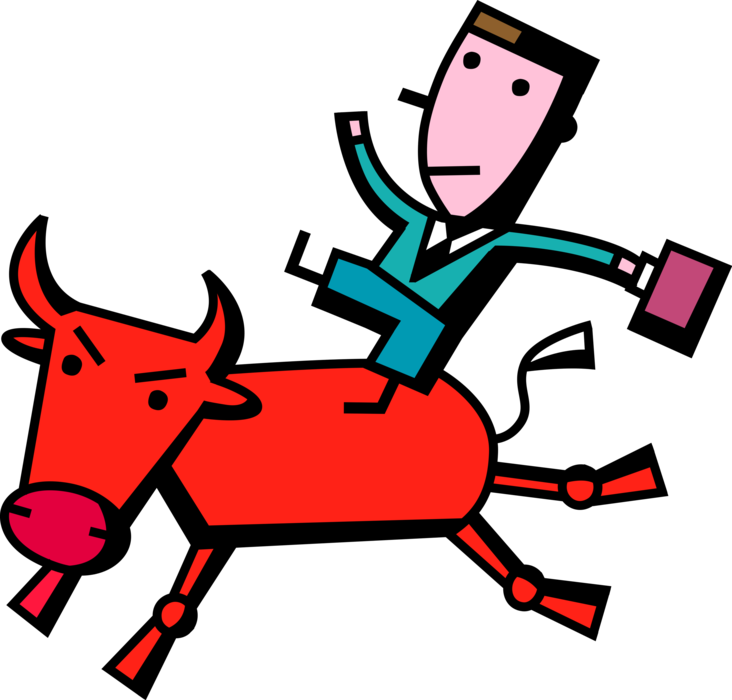 Vector Illustration of Businessman Rodeo Cowboy Rides Wild Bull