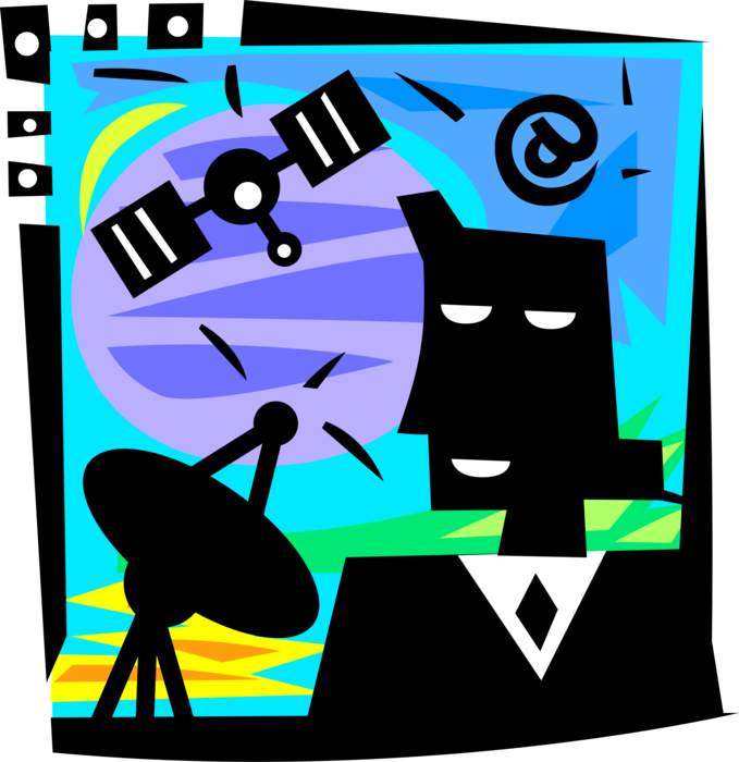 Vector Illustration of Businesswoman Benefits from Global Telecommunications with Space Satellite and Parabolic Dish