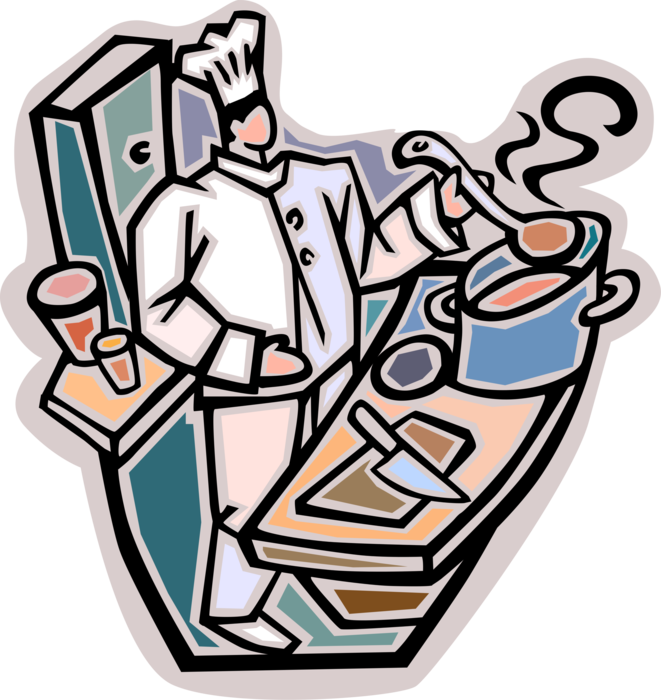 Vector Illustration of Culinary Cuisine Restaurant Chef Prepares and Cooks Food for Dinner Guests