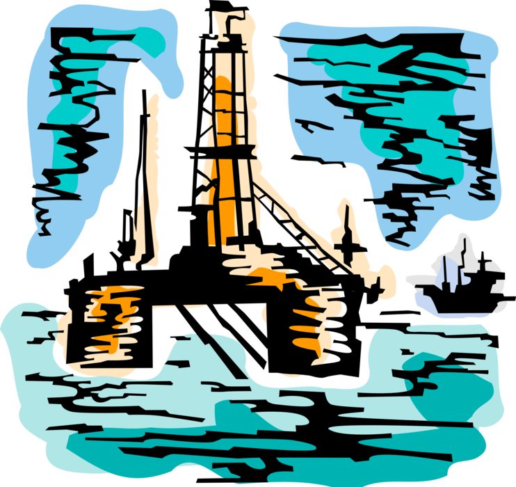 Vector Illustration of Offshore Petroleum Fossil Fuel Oil Rig Drilling Platform with Derrick and Cranes