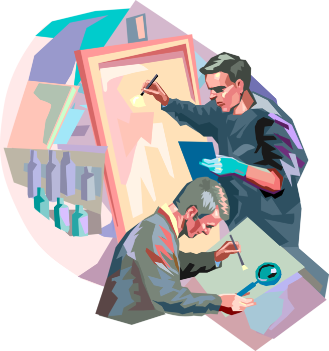 Vector Illustration of Visual Arts Artist Painters Restore Artwork Painting in Gallery Restoration Studio