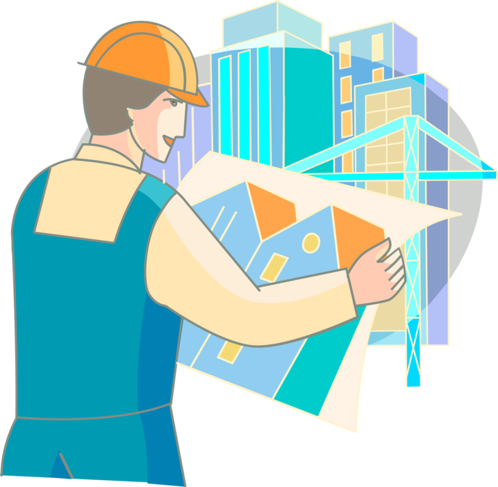 Vector Illustration of Architect Designer with Building Blueprint Plans on Job Site with Construction Crane and Office Towers