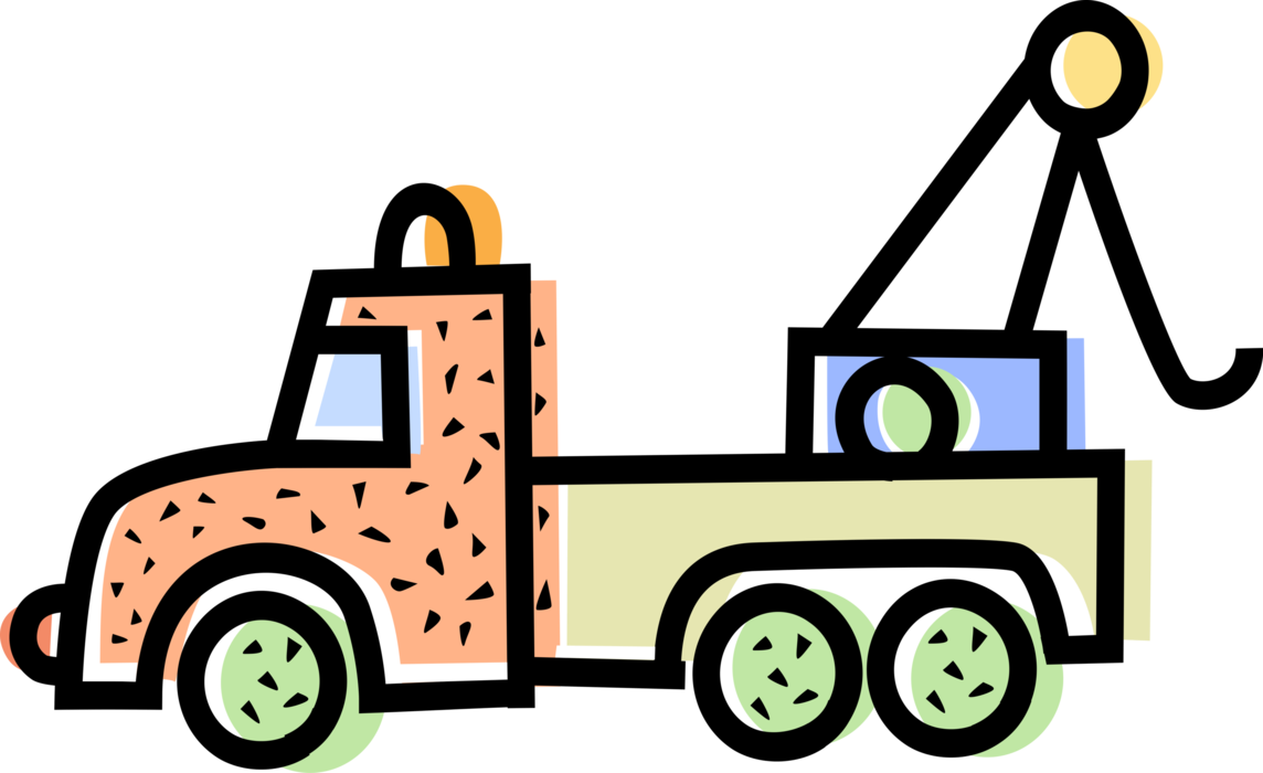 Vector Illustration of Tow Truck Wrecker Recovery Vehicle Moves Disabled or Indisposed Vehicles