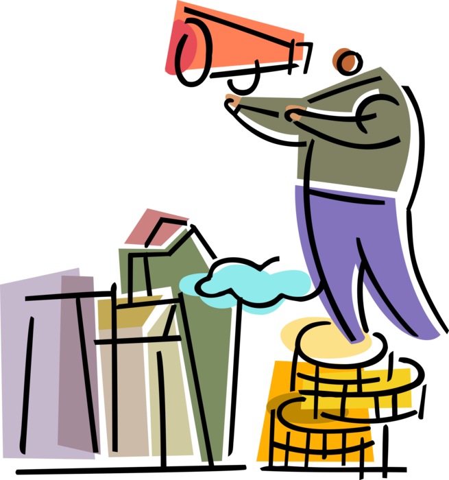 Vector Illustration of Financial Investor Promoter Broadcasts Financial Investment Recommendations with Bullhorn Megaphone