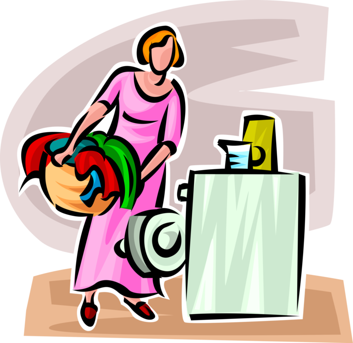Vector Illustration of Mother Carries Laundry Hamper with Dirty Clothes at Washing Machine