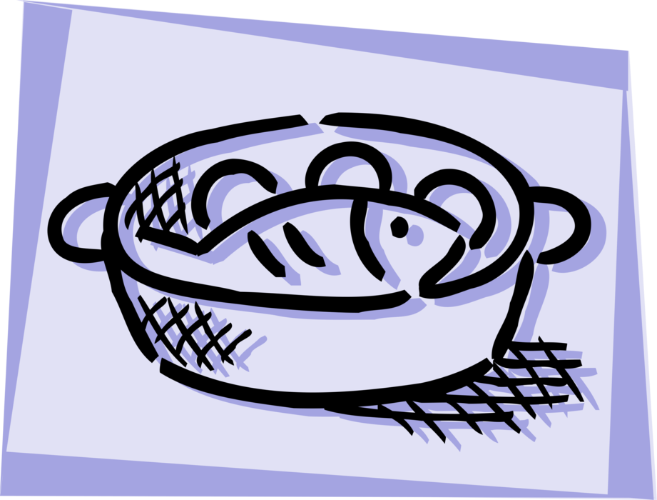 Vector Illustration of Baked Fish Dinner Cooking in Roasting Pan