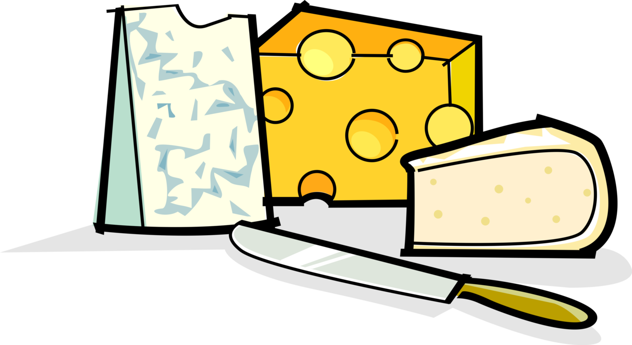 Vector Illustration of Swiss Cheese, Blue Cheese and Creamy Camembert Cheese with Knife