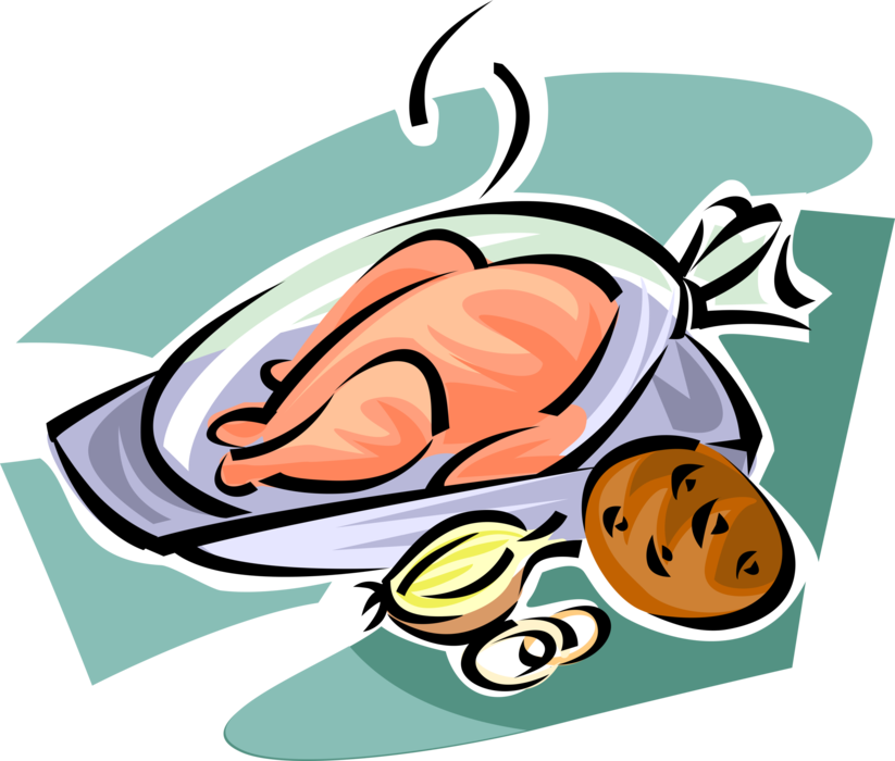 Vector Illustration of Roast Poultry Turkey or Chicken on Serving Tray with Potato and Onions